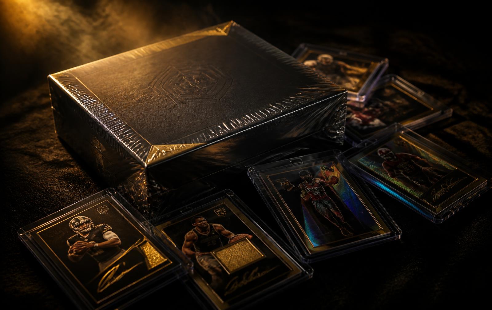 Sealed hobby box surrounded by premium trading cards under gold studio light